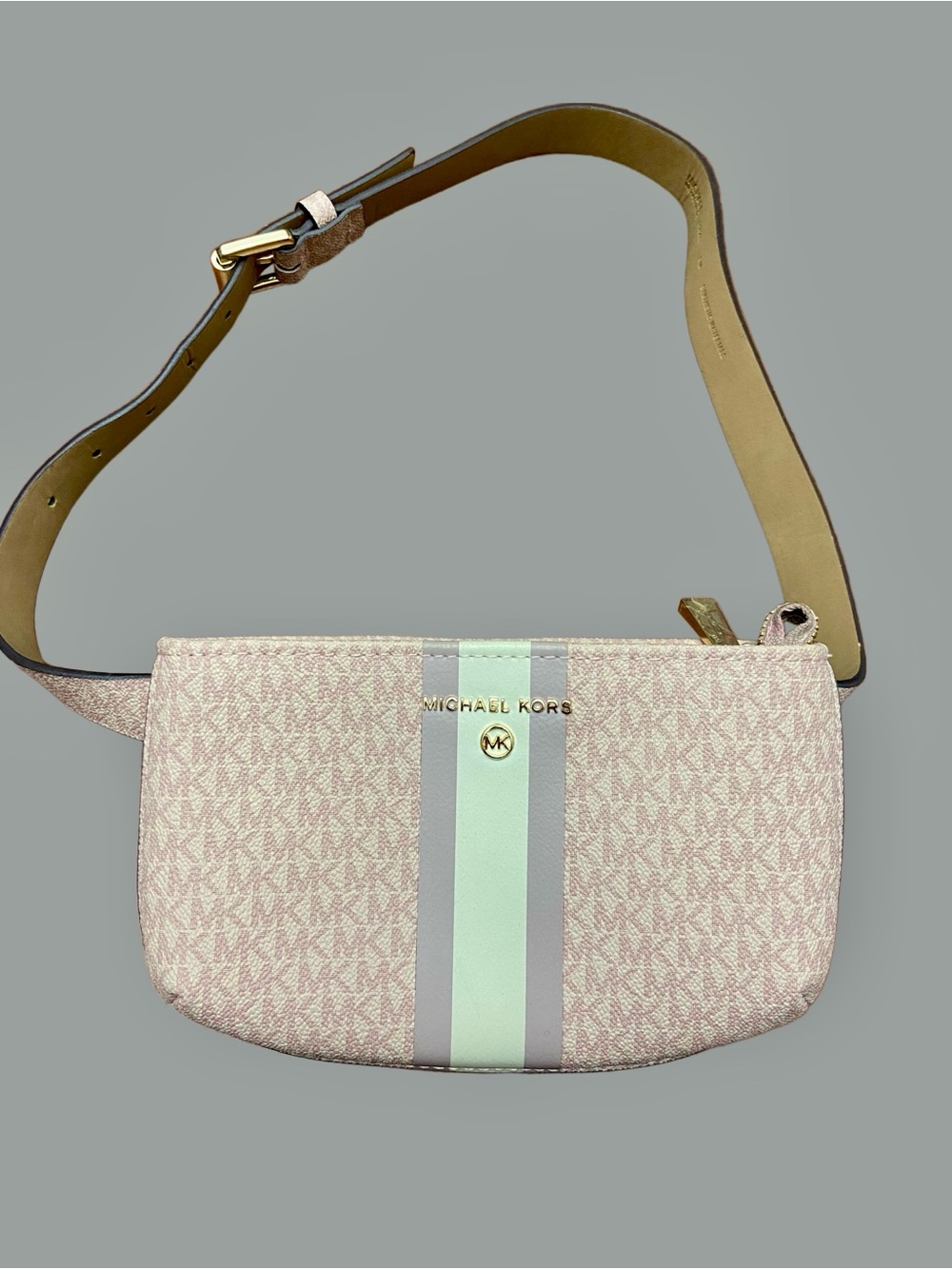 MICHAEL KORS Ballet Pink & Cream Signature Logo Center Stripe Belt Bag -M 29-32” - Picture 2 of 12
